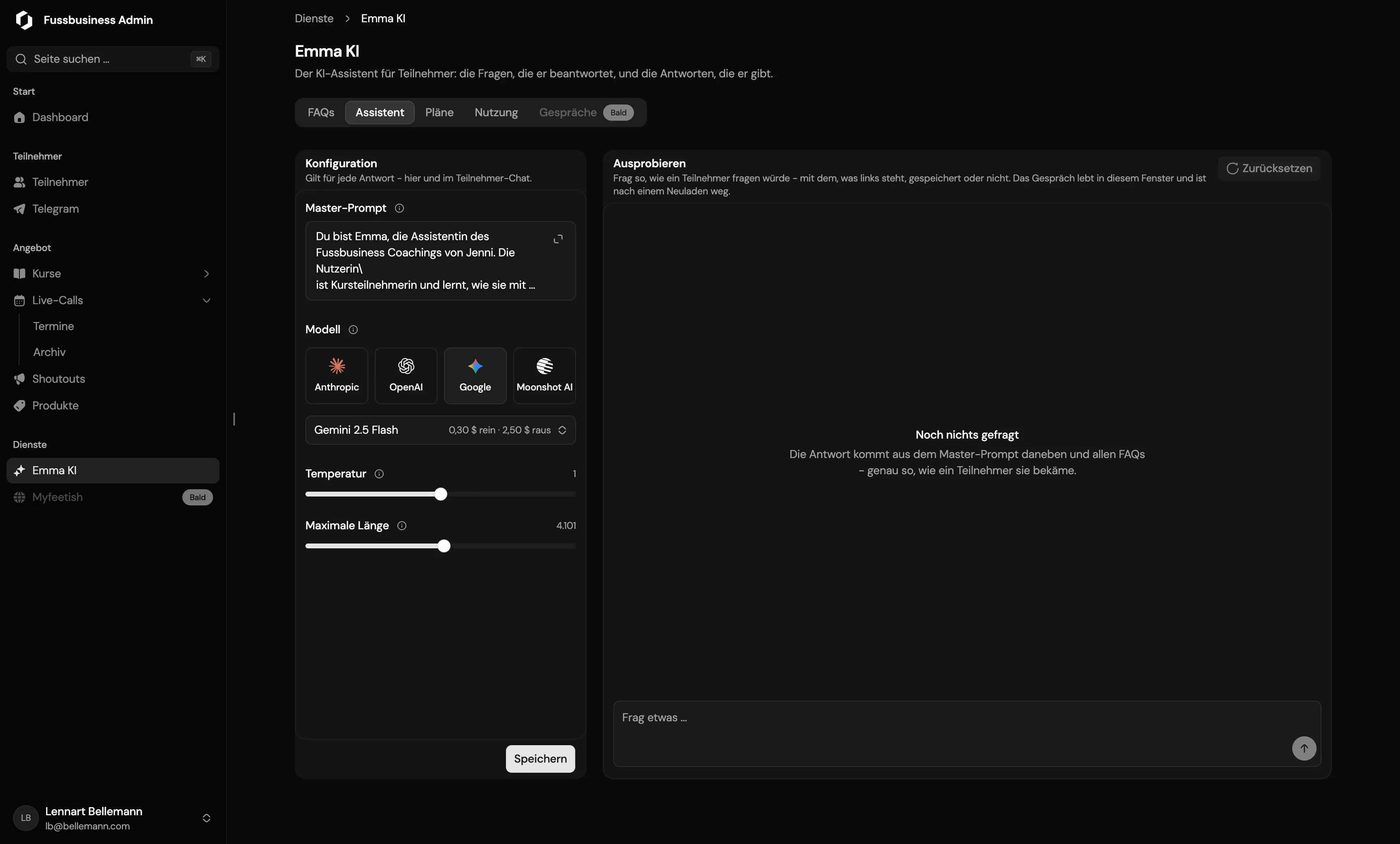 The Emma assistant configured inside the platform - the master prompt, the model picker showing Anthropic, OpenAI, Google and Moonshot, and a try-it-out panel beside them