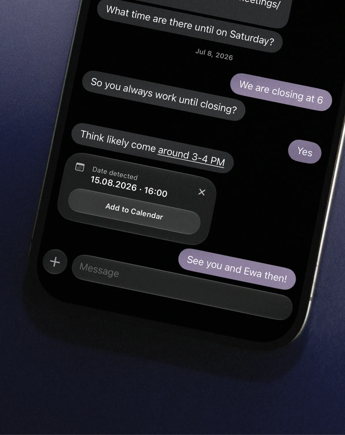A thread with a client in Jeanie, where a date mentioned in passing has been detected and offered as a calendar entry