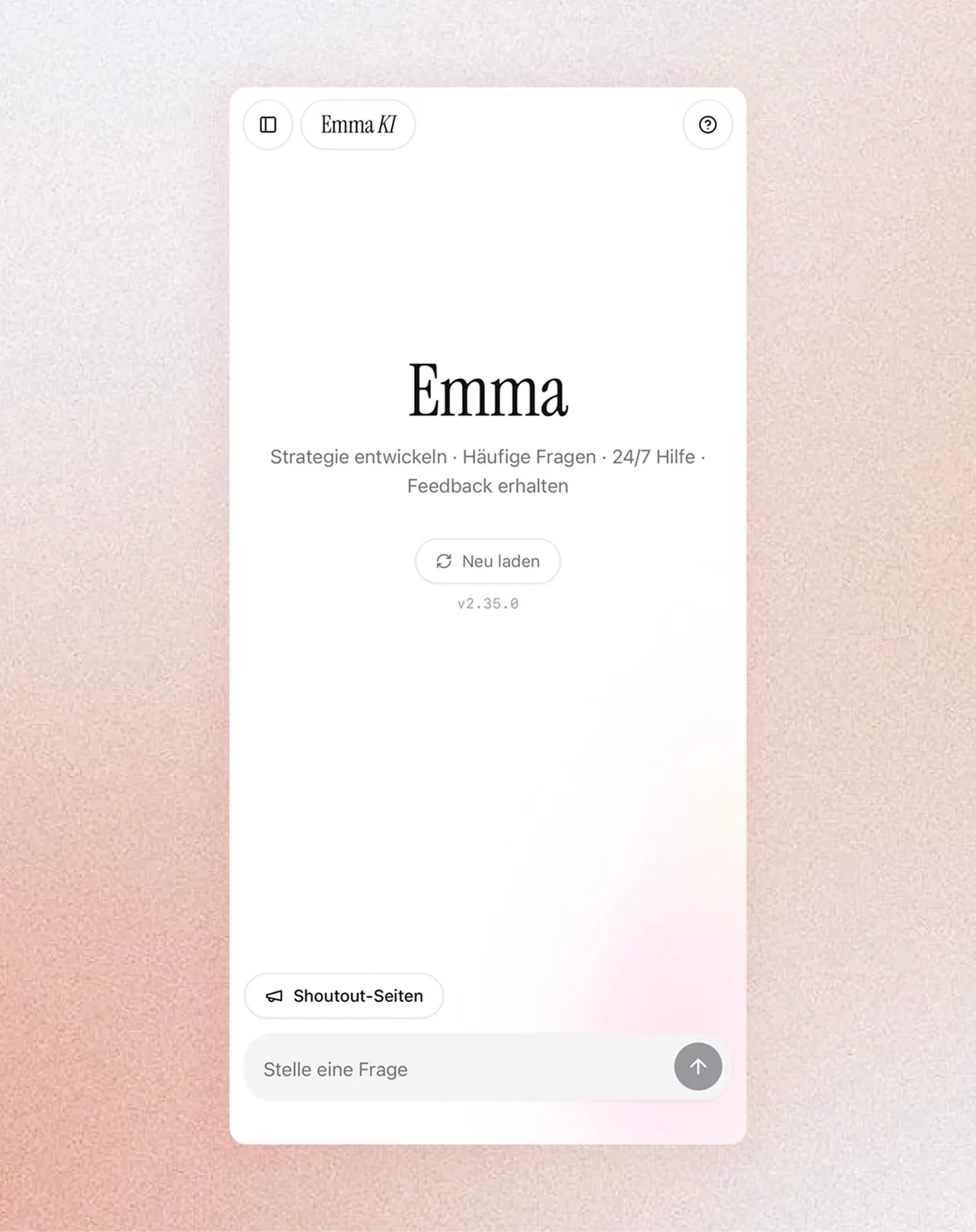 The Emma AI chat before the first question, offering to build a strategy, answer common questions and give feedback