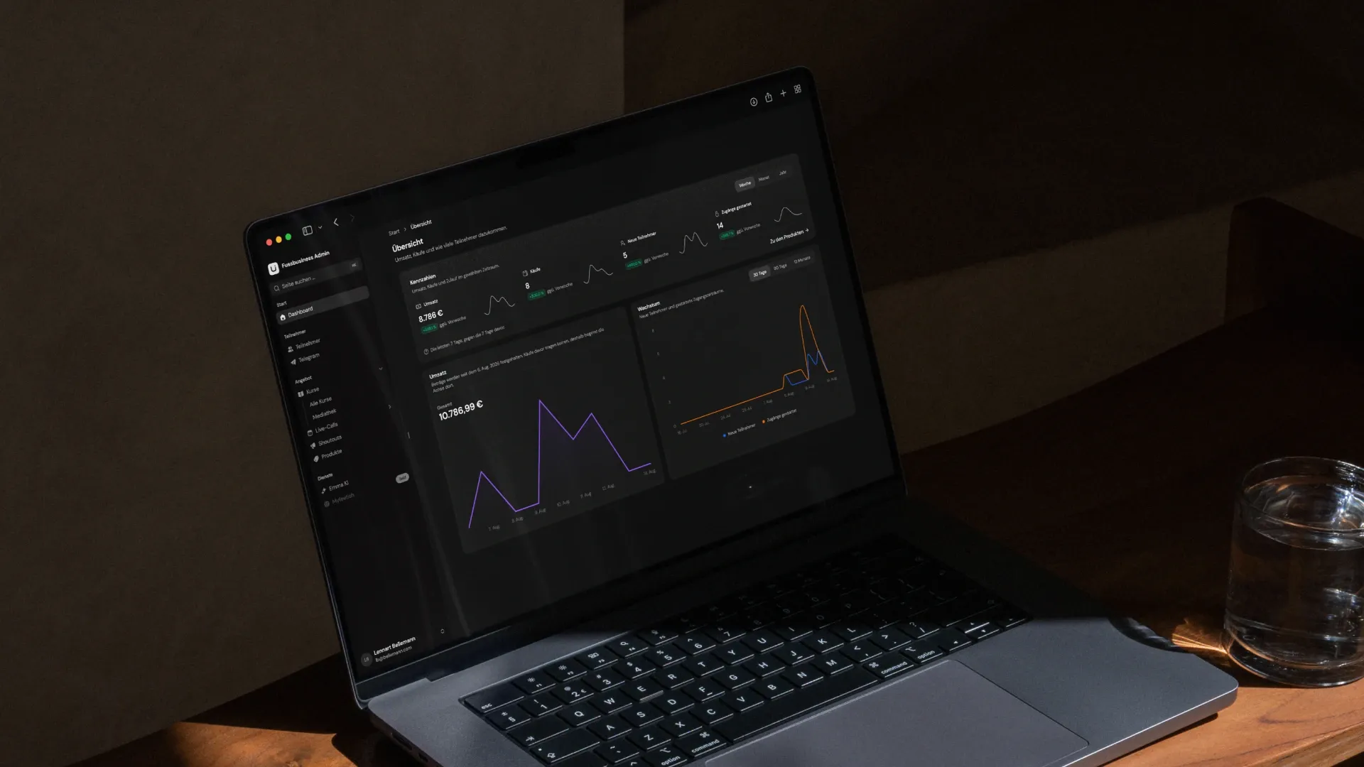 The platform's admin dashboard open on a laptop, showing revenue and new-participant charts for the week