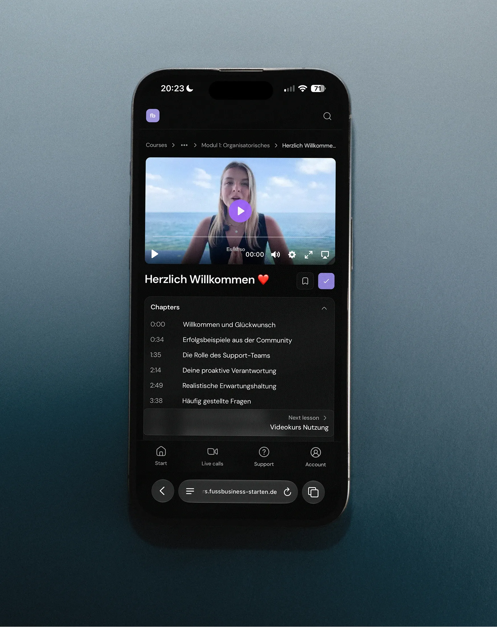 A course lesson on a phone - the video, its chapter list, and the tab bar a member gets