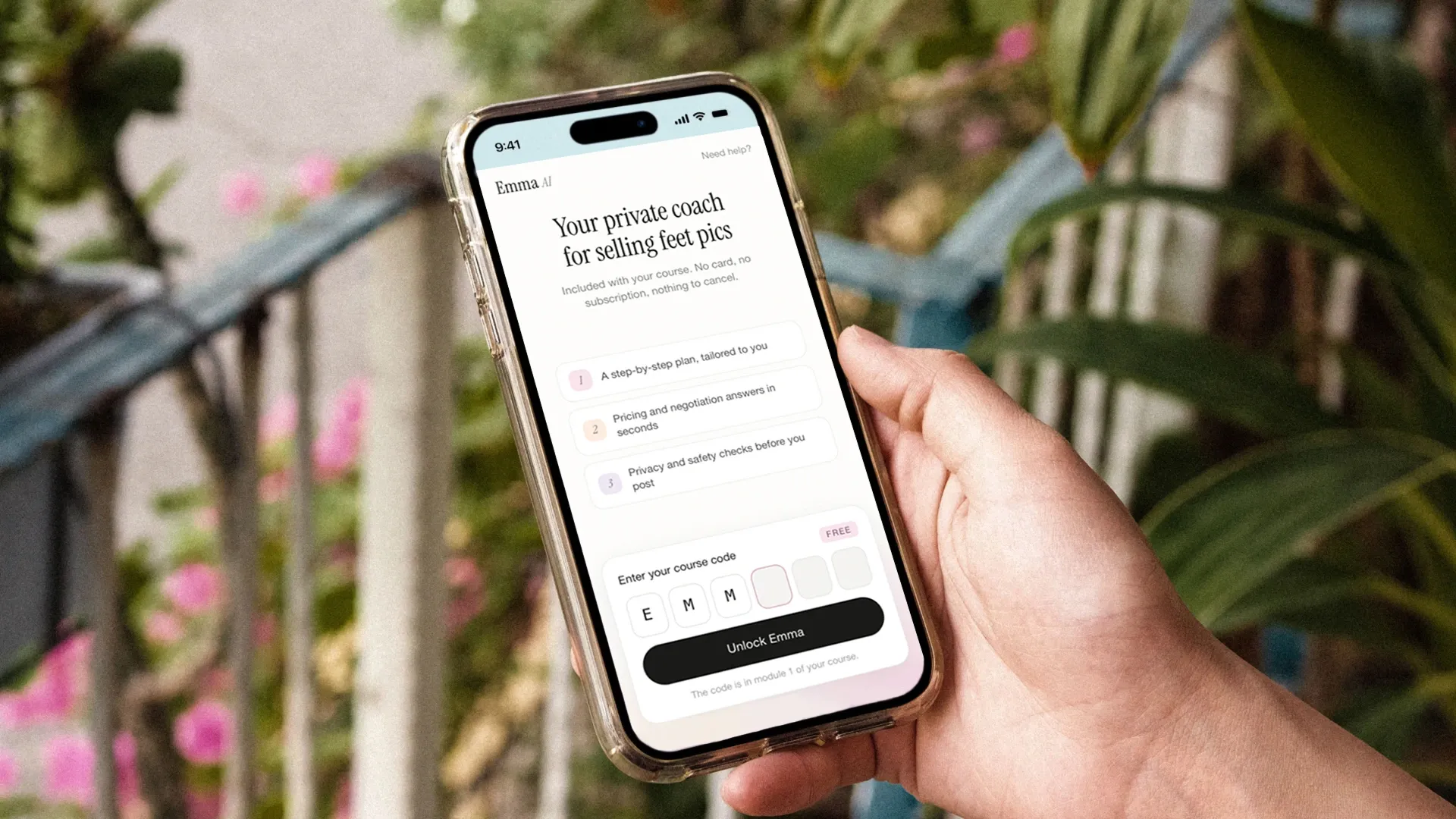 The Emma AI welcome screen open on a phone - the private coach offer, what it does in three lines, and the course code field that unlocks it